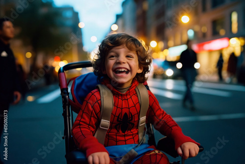 AI generated portrait of candid authentic joyful happy disabled child boy in wheelchair outdoor fall photo