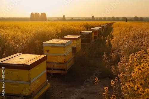 bee hives in the field. 