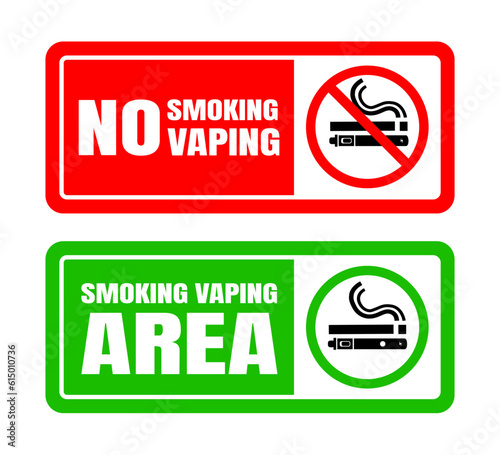No smoking no vaping and smoking area sign set. Forbidden sign icon isolated on white background vector illustration. Cigarette, vape in prohibition circle and green allowed area.