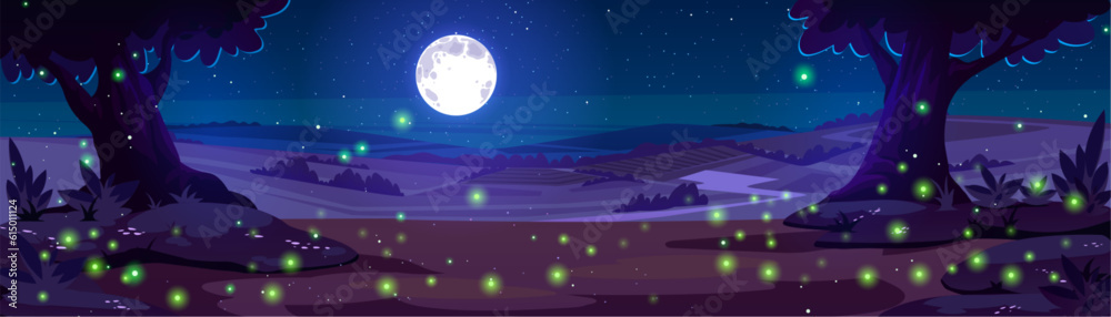 Night forest with firefly cartoon vector landscape background. Full moon and tree dark countryside scene illustration. Spooky fantasy glowworm scenery at nighttime. Mysterious valley environment