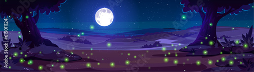 Night forest with firefly cartoon vector landscape background. Full moon and tree dark countryside scene illustration. Spooky fantasy glowworm scenery at nighttime. Mysterious valley environment