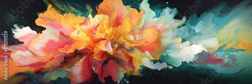 Colorful botanical banner, delicate abstract blooming flower as floral background in watercolor technique. Pastel botanical background in liquid art or alcohol ink technique. Generative AI