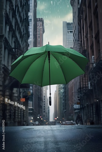 a green umbrella floating at mid air in the rainy street. Created with Generative AI Technology