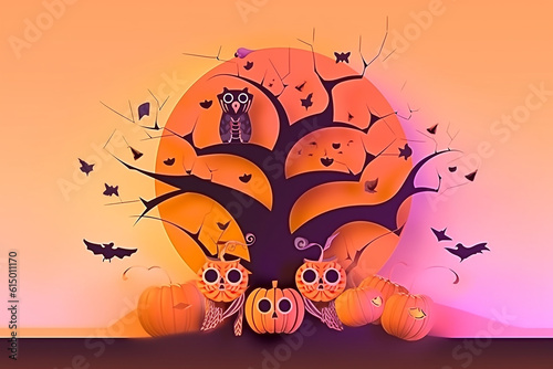 Halloween background with pumpkins, bats and tree.Cartoon illustration.