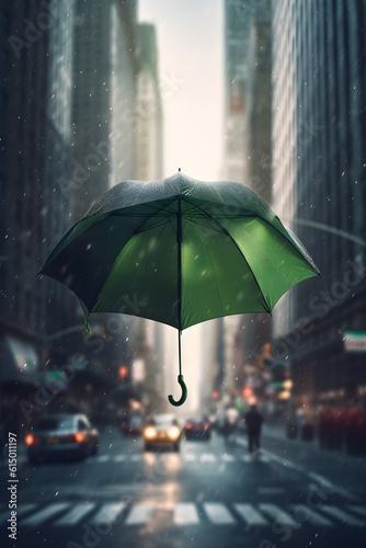 a green umbrella floating at mid air in the rainy street. Created with Generative AI Technology
