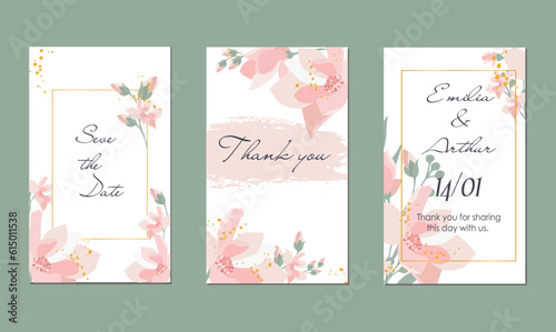 Set of abstract universal templates with magnolia flowers for wedding invitations. Suitable for posters, cards, invitations, flyers, covers, banners, posters, brochures and other graphic design.