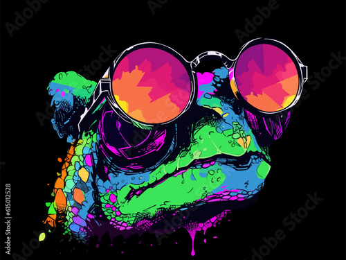 The chameleon is sporting dark sunglasses.