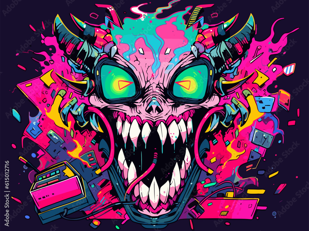 In the manner of colorful and entertaining pop art, a laptop villain with a malicious grin In the manner of colorful and entertaining pop art, a laptop villain with a malicious grin