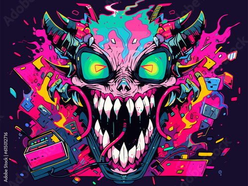 In the manner of colorful and entertaining pop art, a laptop villain with a malicious grin