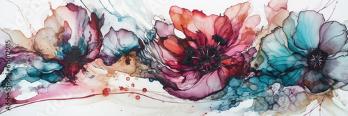Panel kuchenny z motywem Colorful botanical banner, delicate abstract blooming flower as floral background in watercolor technique. Pastel botanical background in liquid art or alcohol ink technique. Generative AI