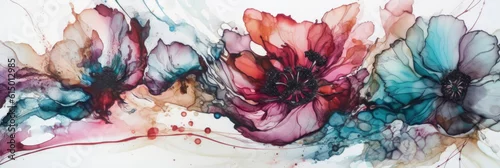 Panel kuchenny z motywem Colorful botanical banner, delicate abstract blooming flower as floral background in watercolor technique. Pastel botanical background in liquid art or alcohol ink technique. Generative AI