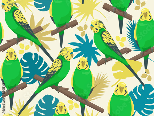 Vector love parrots seamless pattern. Cartoon cute colorful budgerigars sitting on branch. Talking bright budgie family with tropical leaves. Creative style summer beach print
