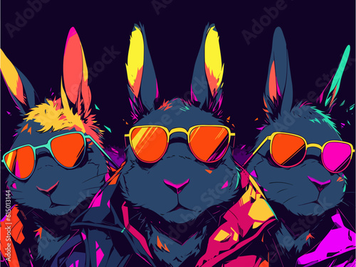 A group of rabbits wearing dark sunglasses, in the style of vibrant and playful pop art