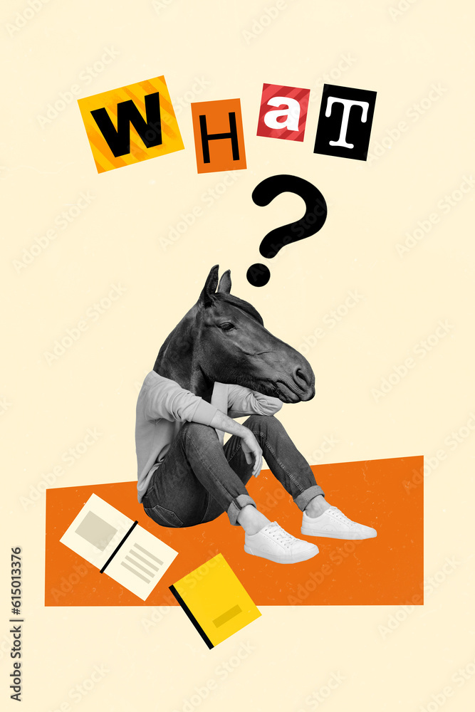 Artwork collage picture of stressed puzzled horse head guy tired reading book isolated drawing
