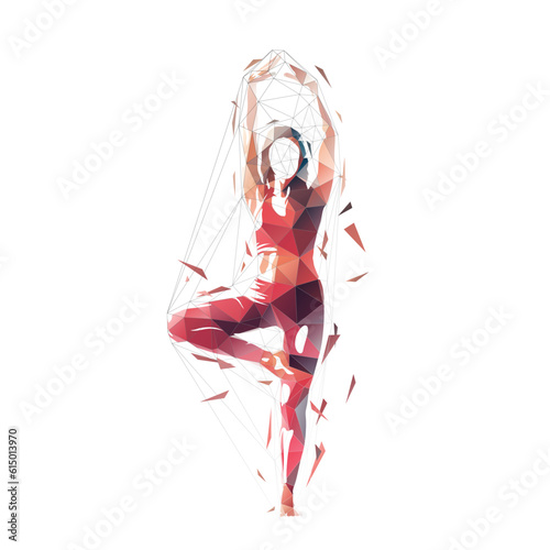 Young woman practicing yoga, isolated vector silhouette, low polygonal illustration, geometric drawing