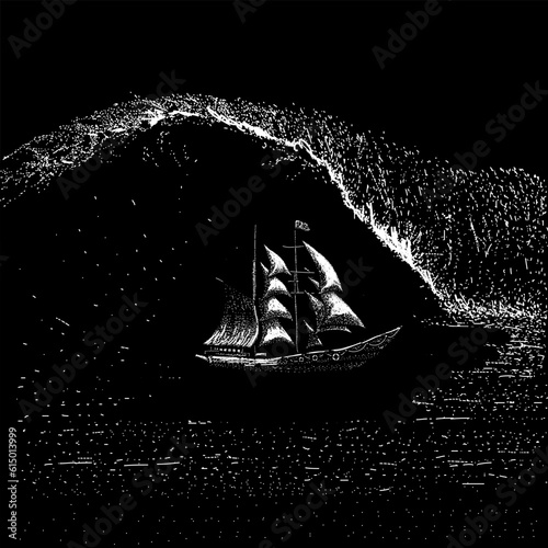 tsunami wave over the ship hand drawing vector isolated on black background.