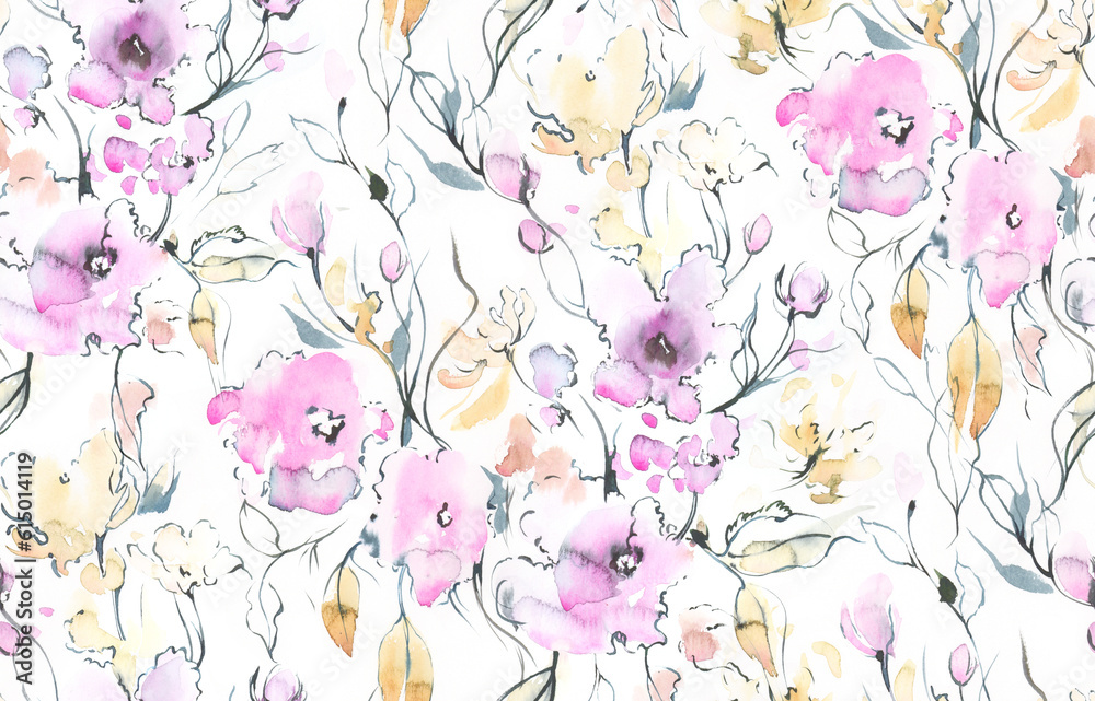 Hand painted watercolor al lover seamless loosely painted flowers and branches with black outlines pattern in repeat Hand painted watercolor al lover seamless loosely painted flowers and branches with black outlines pattern in repeat