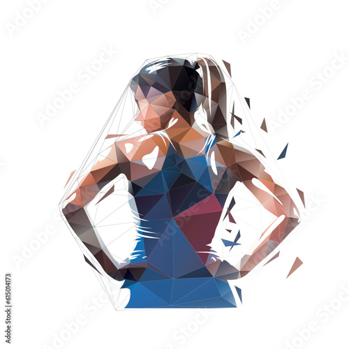 Active woman stands with her hands on her hips. Isolated low poly vector illustration from triangles, rear view