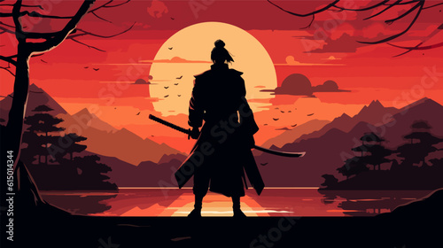Silhouette of a samurai posing during sunset. Warrior sword in silhouette art style