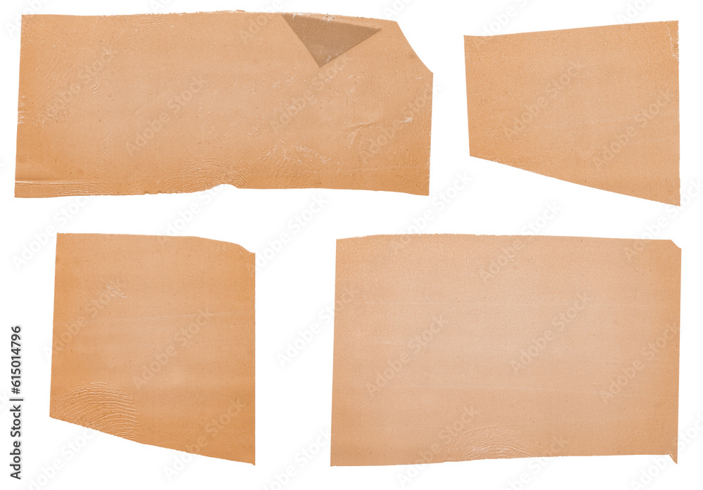 Set of isolated cut out adhesive dirty brown beige tape strips stickers or labels with texture on transparent or white background, design elements