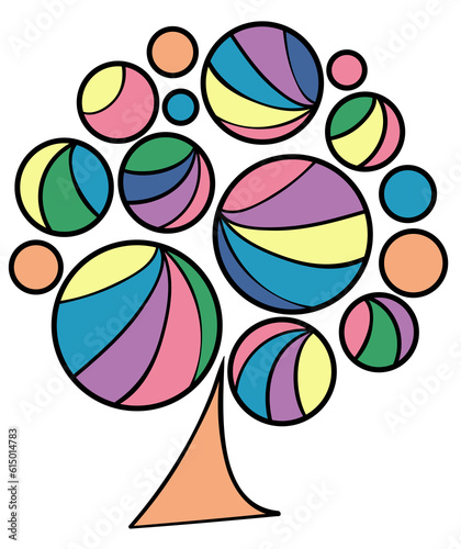 tree graphic circular shape arranged in many circles It is a beautiful tree canopy, rainbow colors, pastel, transparent background.
