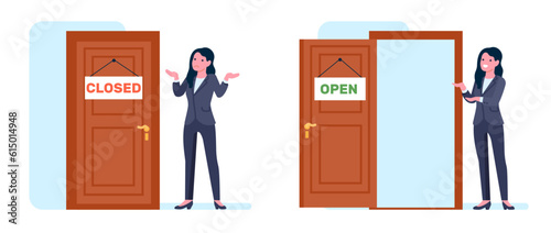Businesswoman standing at closed door. Woman invites to come in open doorway. Employee in suit. Confused or happy female. Secretary work. Invitation gesture. Office entrances vector set