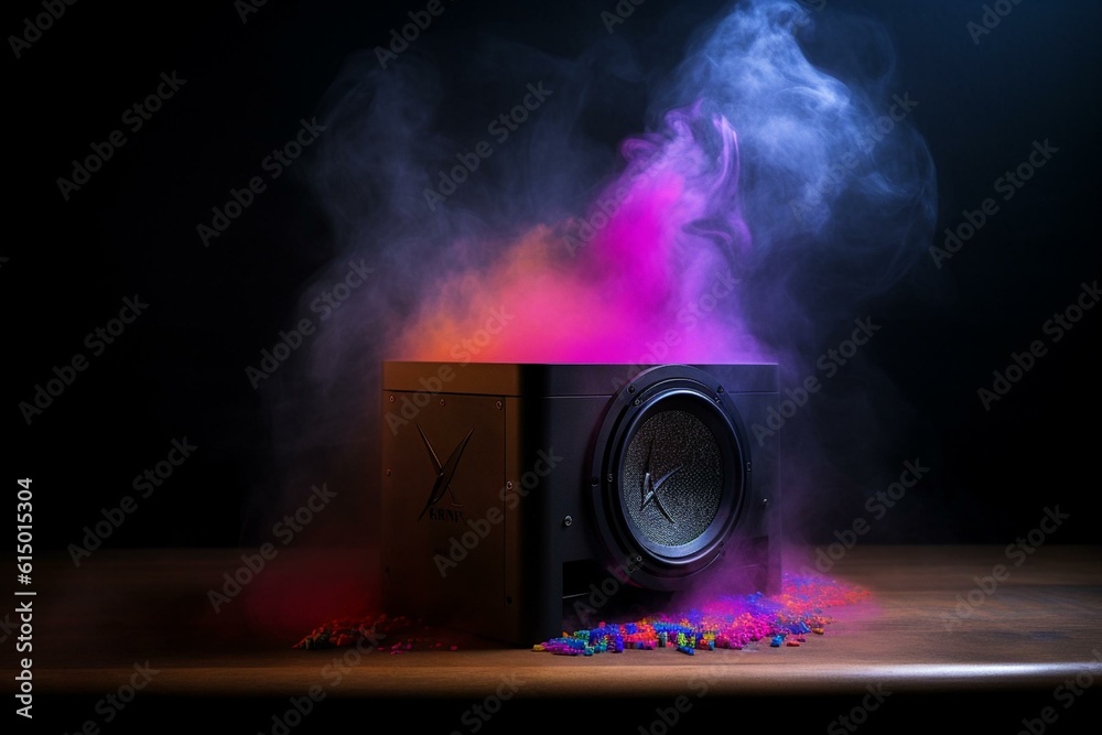Studio speaker/subwoofer with smoke, neon, and club vibe. Ad style