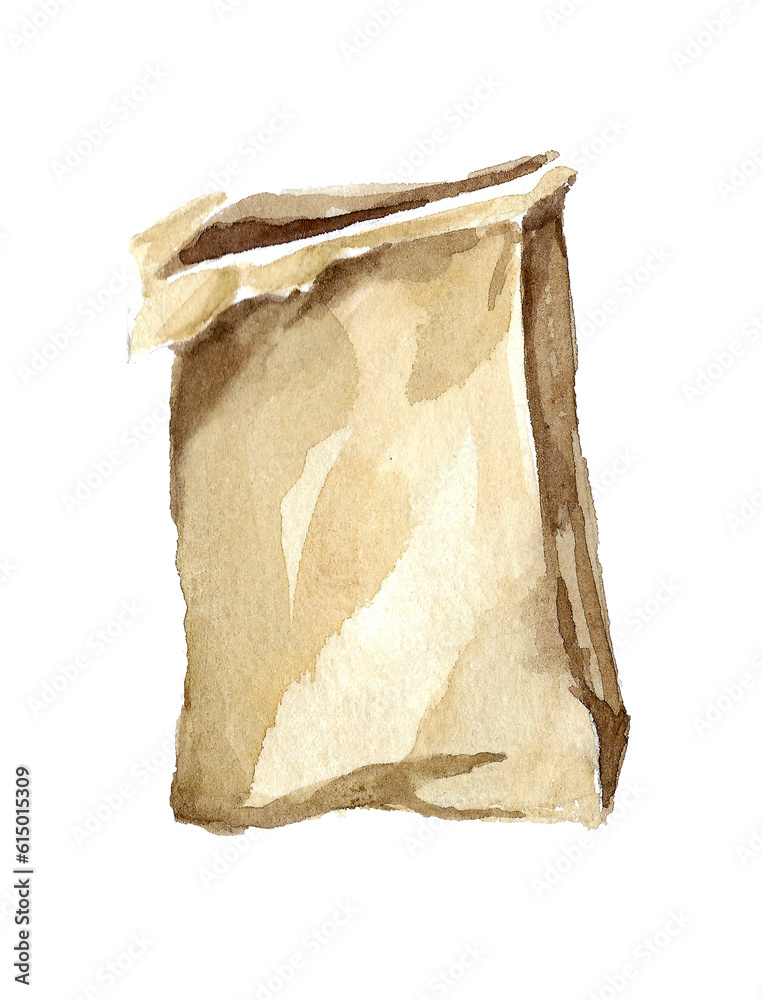 The concept of nature conservation. Folding bag made of brown kraft paper for packing items. Hand drawn watercolor isolated on white background for your design