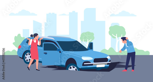 Car fell into road hole. Traffic accident. Vehicle crush. Angry driver. Upset passenger. Auto insurance. Broken automobile with wrecked bumper. Highway dangerous pit. Vector concept
