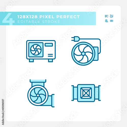 Hvac equipment light blue icons. Air condition. Building construction. Temperature control. Architecture plan. RGB color. Website icons set. Simple design element. Contour drawing. Line illustration