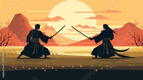 Illustration of two Samurai in duel stance facing each other on grass field