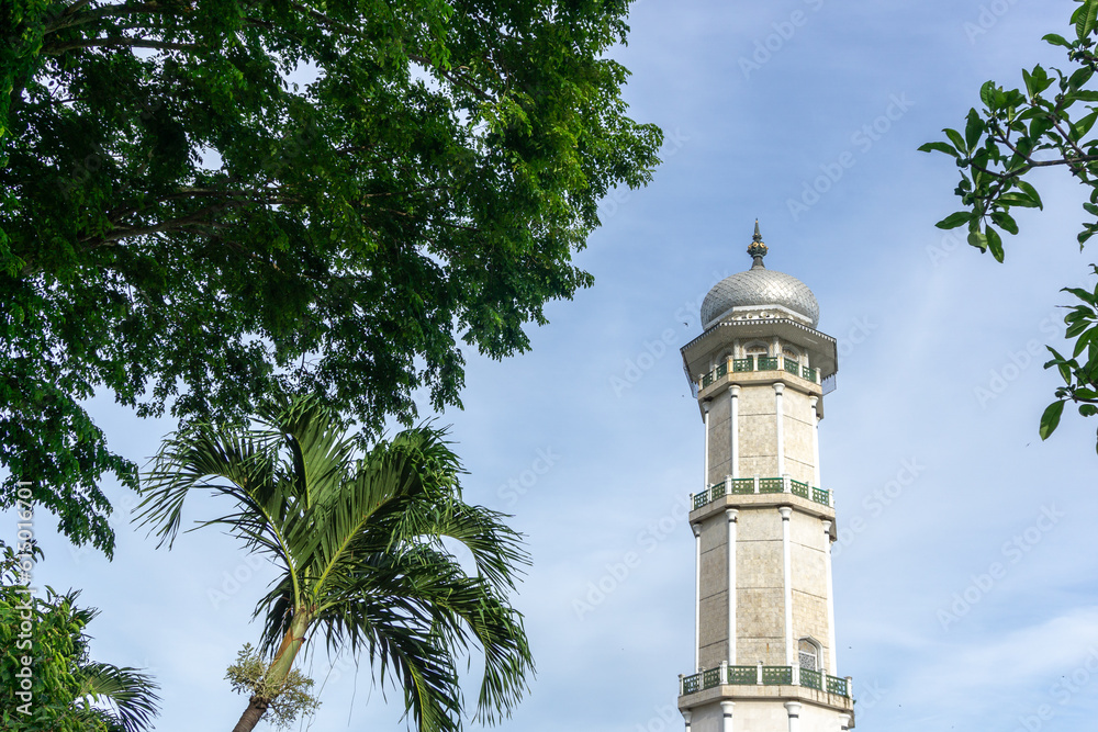 banda Aceh, Indonesia - 13 August 2022: Baiturrahman grand mosque tower located in Banda Aceh, Indoenesia