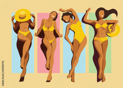 vector image four different beautiful young slim tanned girl models in yellow swimsuits are sunbathing on the beach on colorful mats or towels. elements isolated. view from above. summer holidays.