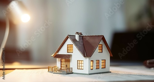 Economy of savings. Business concept of home investment or financial success. Small model house on table background