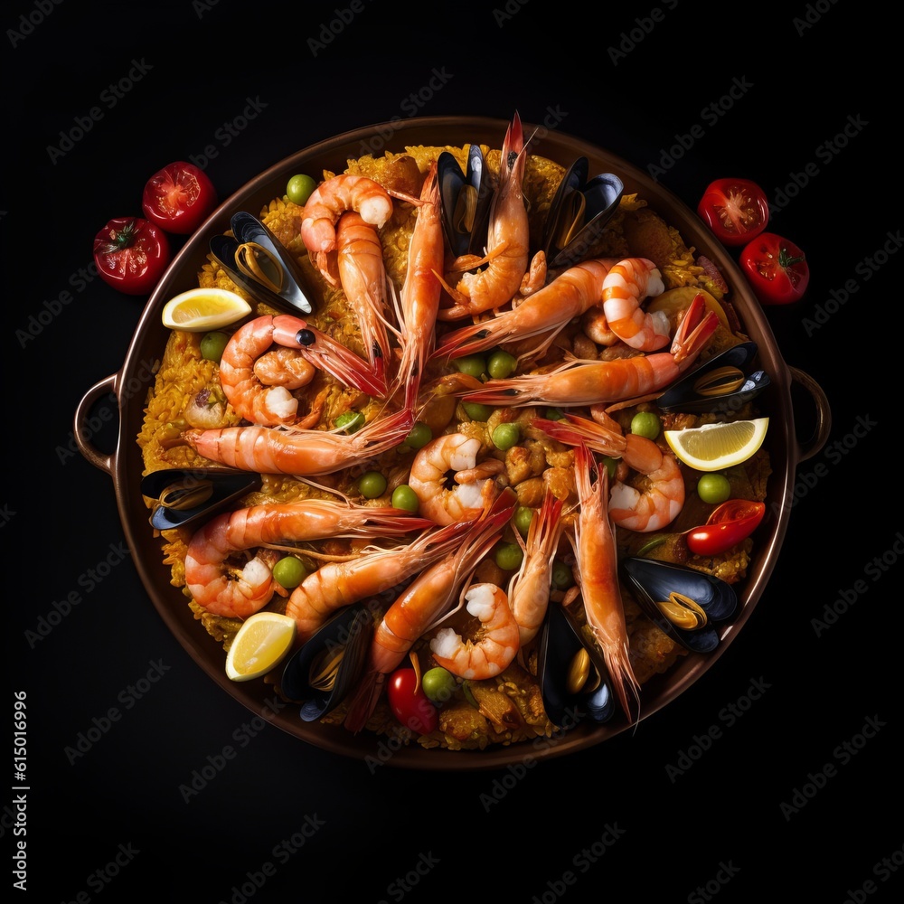 Top view of spanish paella on black background. Generative AI. Top view of spanish paella on black background. Generative AI.