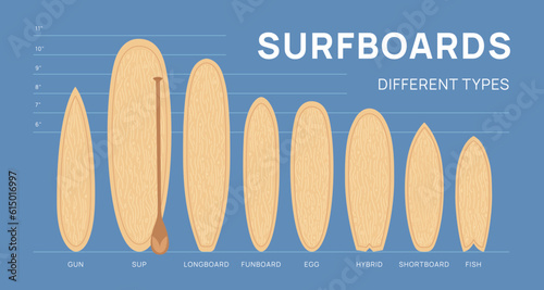 Cartoon surfboard types. Wooden boards. Water sports. Different sizes and shapes. Extreme hobby equipment infographic. Surfing or paddleboarding. Sapboard with paddle. Garish vector set