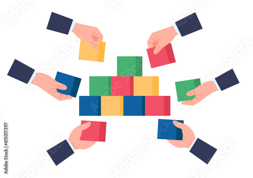 Creating business team. Hands with dice build common pyramid. Partners join cubes. Workers connect blocks. Collegues arms. Businessmen cooperation. Work collaboration. Vector concept