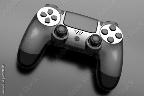 Realistic video game joystick with metallic chrome texture isolated on dark photo