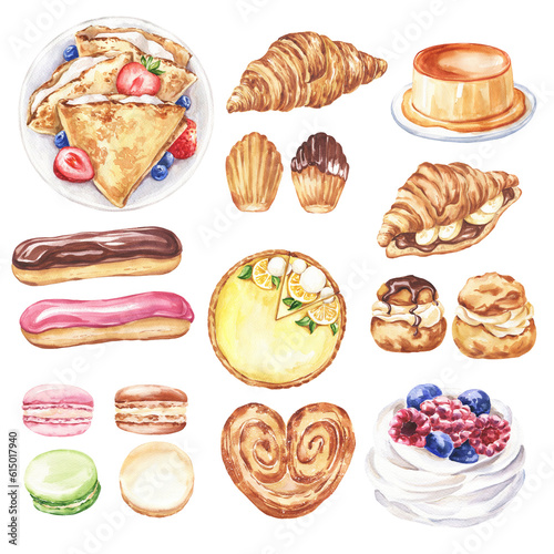 French desserts watercolor food illustration.