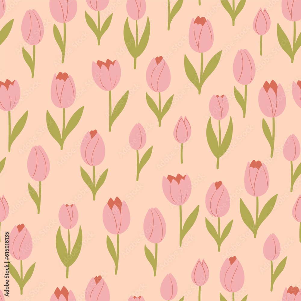 Delicate seamless pattern with pink tulips on a beige background. Vector graphics.