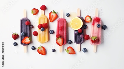 Variety of colorful summer popsicles with ice and fruit. Generative ai.