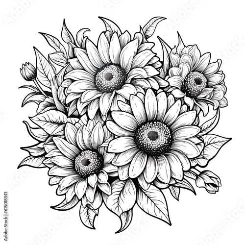 Cute Sunflower flower in coloring page style illustration. Line art painting. Generative AI