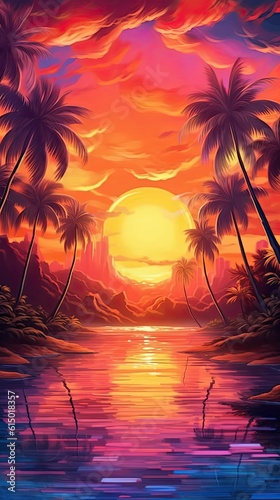A vibrant abstract sunset over a tropical beach  with warm tones and silhouettes of palm trees  evoking a sense of relaxation and paradise. Colorful illustration art. Generative AI