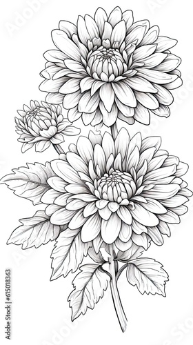 Cute Chrysanthemum flower in coloring page style illustration. Line art painting. Generative AI