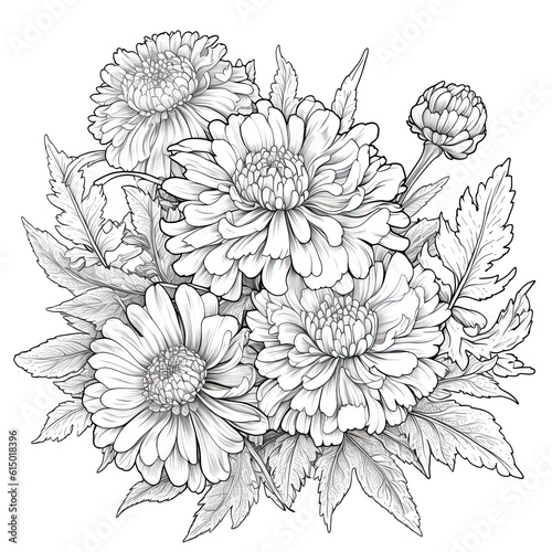 Cute Marigold flower in coloring page style illustration. Line art painting. Generative AI