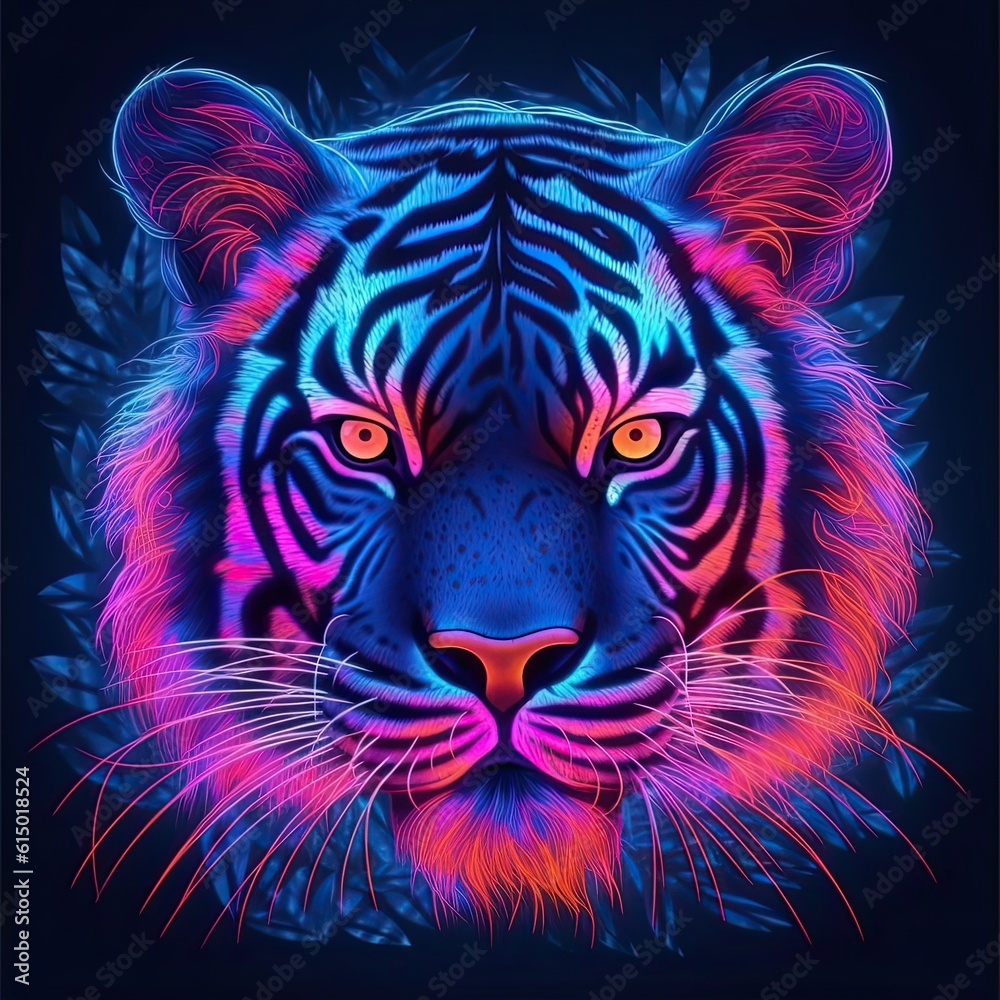 Cute Tiger animal in neon style. Portrait of glow light animal. Generative AI