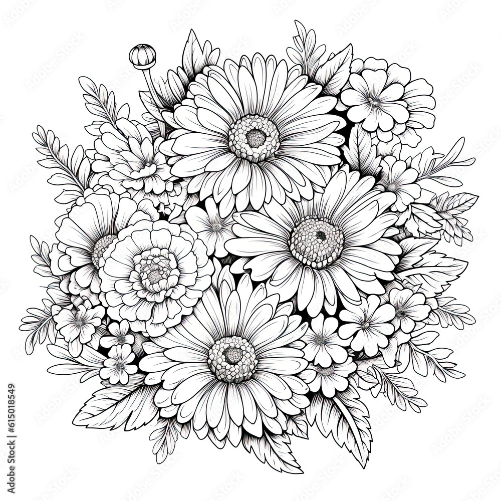 Cute Gerbera flower in coloring page style illustration. Line art painting. Generative AI Cute Gerbera flower in coloring page style illustration. Line art painting. Generative AI