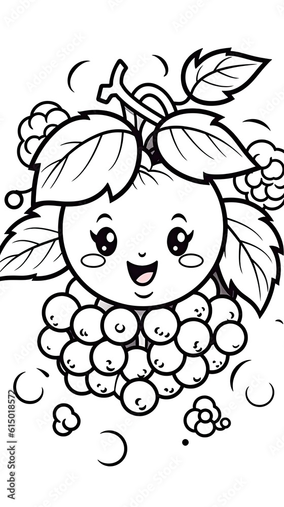 Kawaii style Grapes fruit character in coloring page style illustration. Line art painting. Generative AI Kawaii style Grapes fruit character in coloring page style illustration. Line art painting. Generative AI