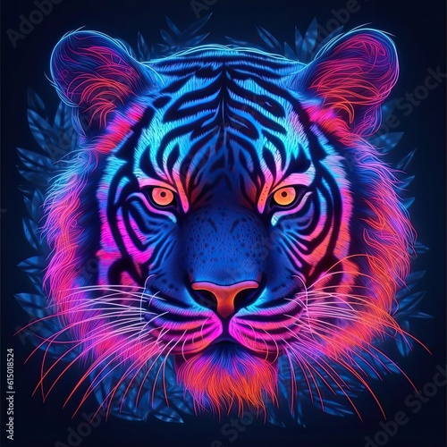 Cute Tiger animal in neon style. Portrait of glow light animal. Generative AI