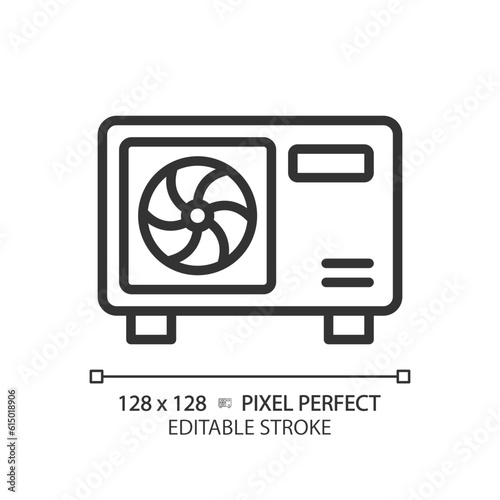 Ac compressor unit linear icon. Air conditioner. Cooling system. Refrigeration equipment. Hvac repair. Thin line illustration. Contour symbol. Vector outline drawing. Editable stroke